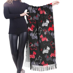 Image of a lady wearing Scottish Terrier shawl