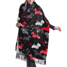 Load image into Gallery viewer, Image of a lady wearing a super cute Scottish Terrier shawl in infinite Scottish Terriers in all colors design