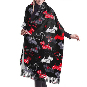 Image of a lady wearing a super cute Scottish Terrier shawl in infinite Scottish Terriers in all colors design