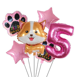 Image of pink color shiba inu balloon party pack with 5 age balloon