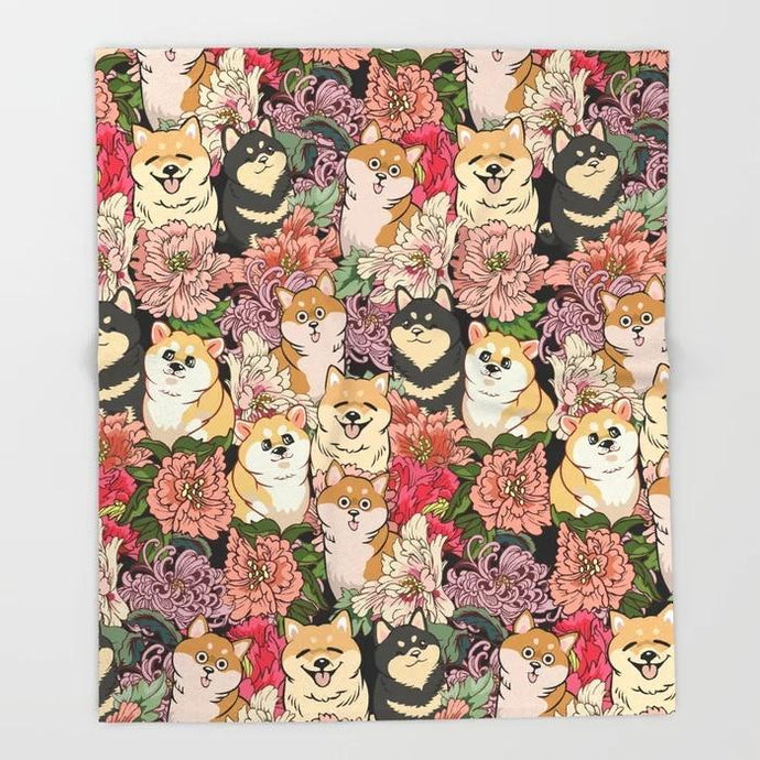 Shiba Inus in Bloom Throw Blanket-Home Decor-Blankets, Dogs, Home Decor, Shiba Inu-Extra Large-1