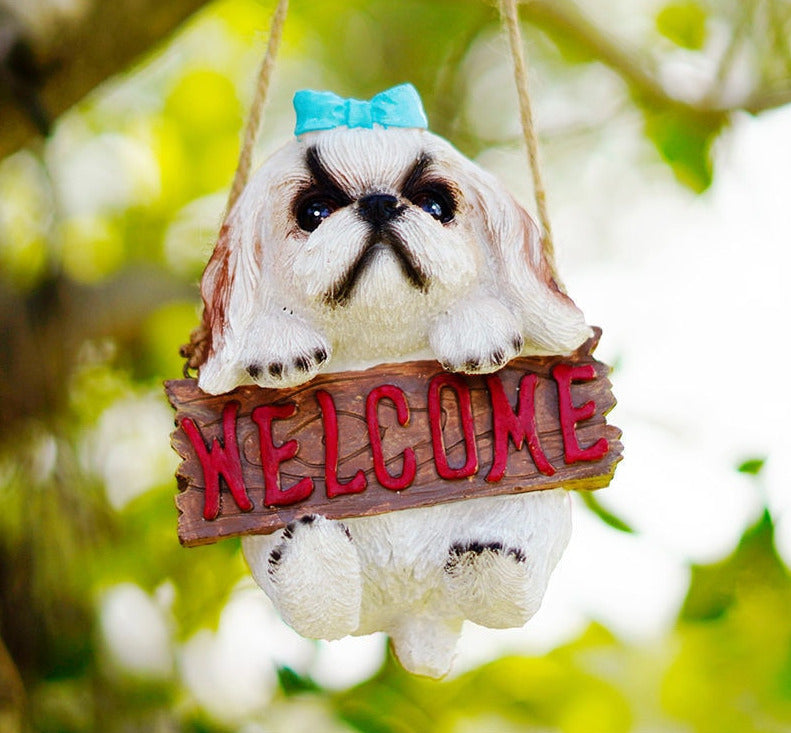 Image of a super cute hanging welcome Shih Tzu garden statue