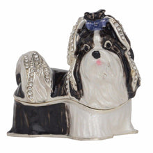 Load image into Gallery viewer, Image of a beautiful black and white Shih Tzu jewelry box in the cutest Shih Tzu design