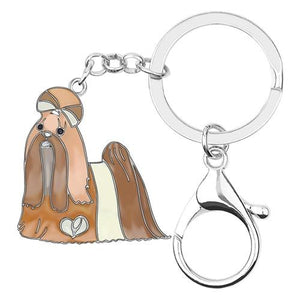 Image of a beautiful brown color enamel long haired Shih Tzu keychain