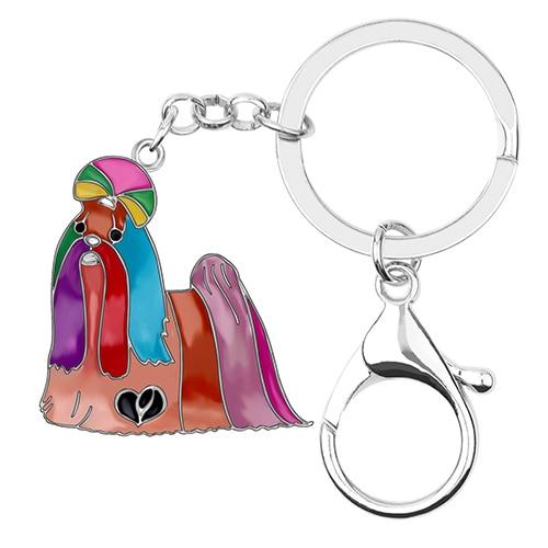 Image of a beautiful multicolor enamel long haired Shih Tzu keychain
