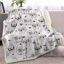 Load image into Gallery viewer, Image of a super-cute Shih Tzu throw blanket with infinite Shih tzu with hearts design