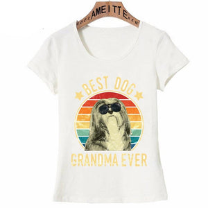 Image of a Shih Tzu t-shirt featuring a long-haired Shih Tzu and the text which says "BEST DOG GRANDMA EVER"