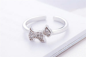 Front image of a silver Schnauzer ring in sparkling white-stone studded Schnauzer design