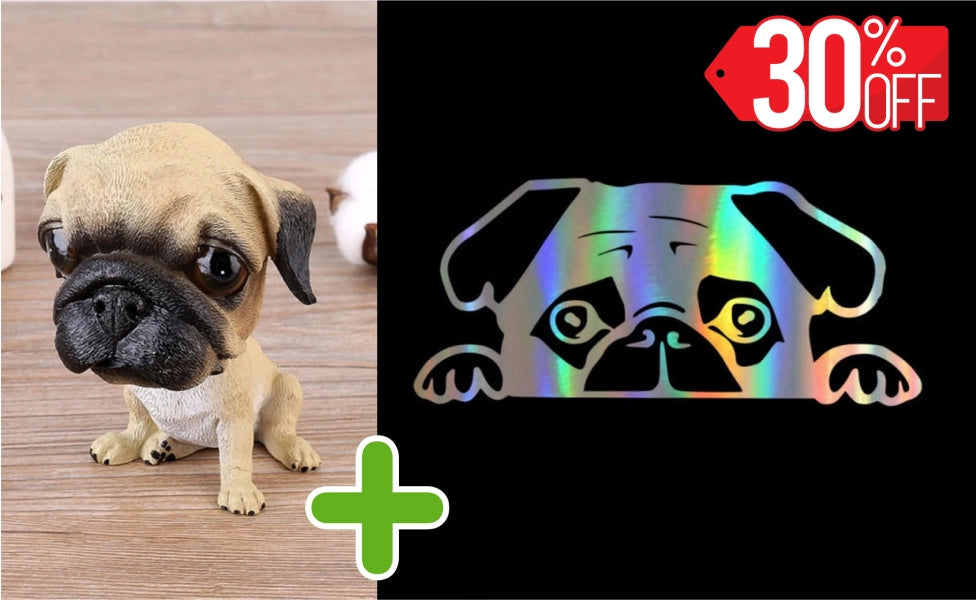 Image of a pug bobblehead bundle with pug car sticker