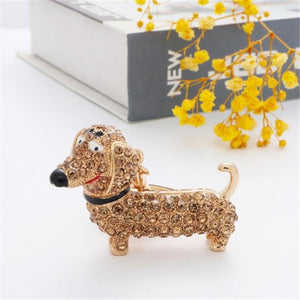 Image of a stone-studded Dachshund keychain in the color brown