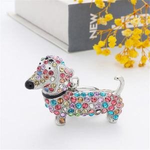 Image of a stone-studded Dachshund keychain in multicolor