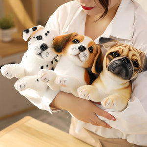 image of a woman holding a beagle stuffed animal plush toy and dalmatian and pug stuffed animal plush toy