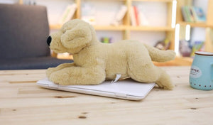 image of an adorable labrador stuffed animal sleeping on  a laptop