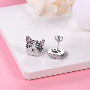 Image of a silver stone studded boston terrier earrings