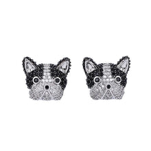 Load image into Gallery viewer, Image of a stone studded silver boston terrier earrings in Design 2
