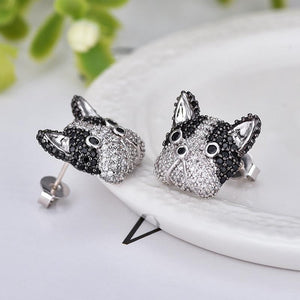 Image of a stone studded boston terrier earrings in Design 2 made of 925 sterling silver