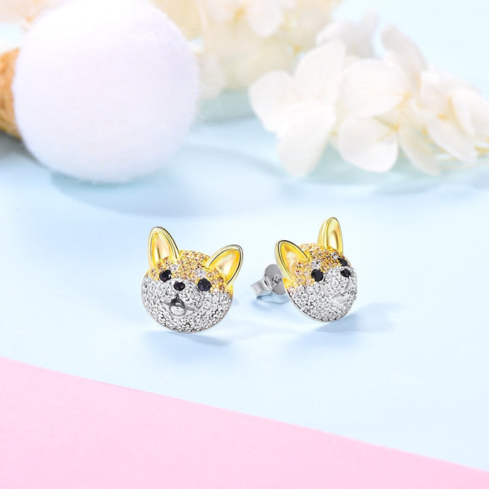 Studded Shiba Inu Love Silver Earrings-Dog Themed Jewellery-Dogs, Earrings, Jewellery, Shiba Inu-Design 1-1