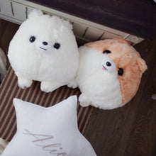 Load image into Gallery viewer, Image of an adorable stuffed American Eskimo Dog plush toy pillow looking up and sitting with his dog stuffed animal friend