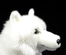 Load image into Gallery viewer, Side face image of an adorable stuffed American Eskimo Dog plush toy in the color white