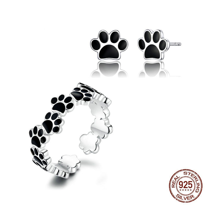 Stunning Dog Paw Print Silver Ring and Earrings SetDog Themed Jewellery