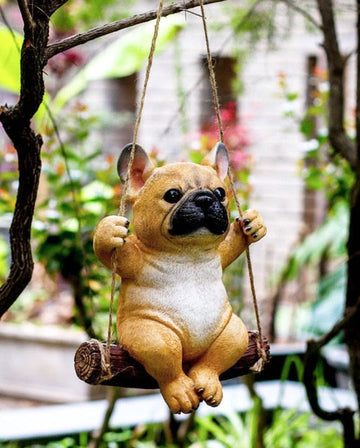 Swinging Fawn French Bulldog Hanging Garden Statue 360x