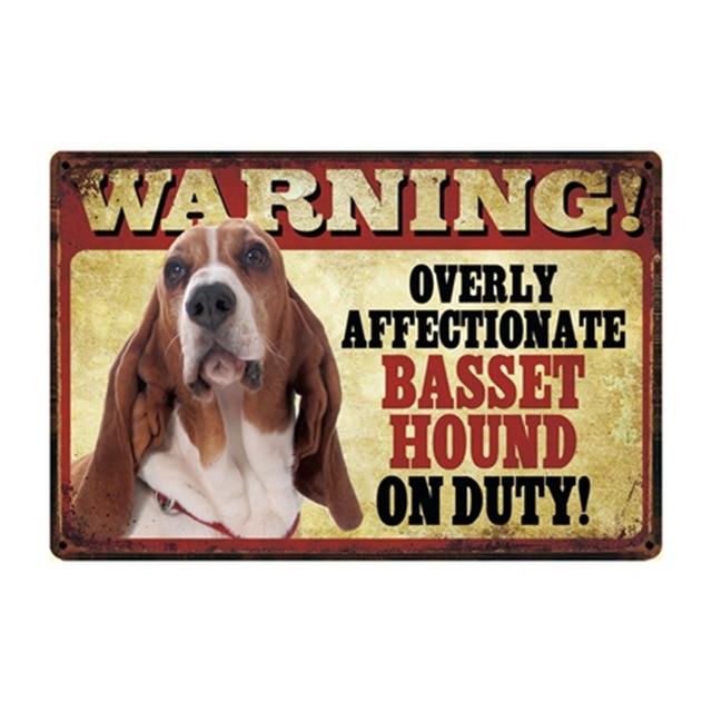 Warning Overly Affectionate Basset Hound on Duty - Tin PosterHome DecorBasset HoundOne Size