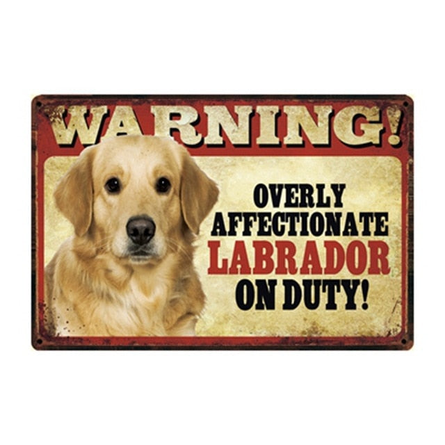 Warning Overly Affectionate Yellow Labrador on Duty - Tin Poster-Sign Board-Dogs, Home Decor, Labrador, Sign Board-Labrador - Yellow-One Size-1
