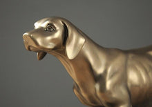 Load image into Gallery viewer, Close up image of a golden weimaraner statue made of brass and resin