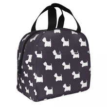 Load image into Gallery viewer, Image of an insulated Westie bag in black and white color and in infinite West Highland Terrier design