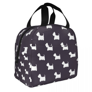 Image of an insulated Westie bag in black and white color and in infinite West Highland Terrier design