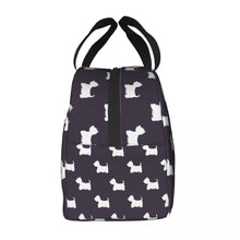 Load image into Gallery viewer, Side image of an insulated Westie bag in black and white color and in infinite West Highland Terrier design