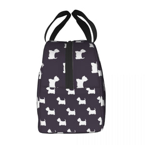 Side image of an insulated Westie bag in black and white color and in infinite West Highland Terrier design