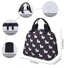 Load image into Gallery viewer, Size image of Westie lunch bag in an adorable infinite West Highland Terriers design