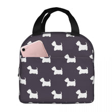 Load image into Gallery viewer, Image of an insulated Westie lunch bag with exterior pocket in black and white color and in infinite West Highland Terrier design