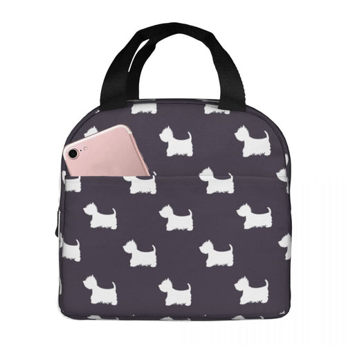 Image of an insulated Westie lunch bag with exterior pocket in black and white color and in infinite West Highland Terrier design