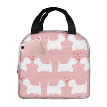 Load image into Gallery viewer, Image of an insulated Westie lunch bag with exterior pocket in pink and white color and in infinite West Highland Terrier design