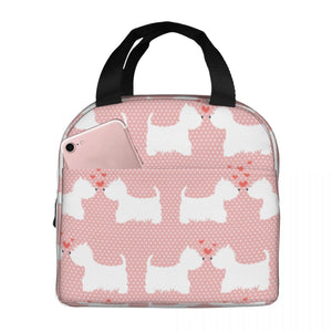 Image of an insulated Westie lunch bag with exterior pocket in pink and white color and in infinite West Highland Terrier design