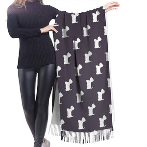 Image of girl wearing Westie shawl in infinite Westie design