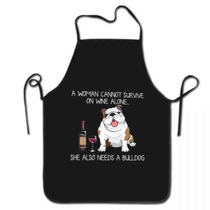 image of a black bulldog mom apron in white background.