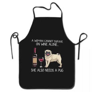 a black pug mom apron in white background.