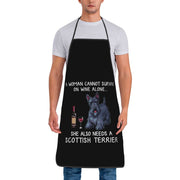 image of a man wearing a scottish terrier dog apron in white background.