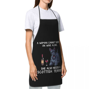 image of a woman wearing a scottish terrier dog apron in white background - side view