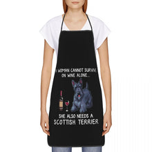 Load image into Gallery viewer, image of a woman wearing a scottish terrier dog apron in white background.