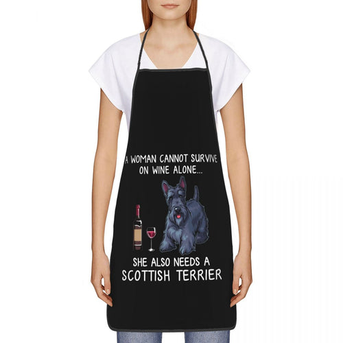 image of a woman wearing a scottish terrier dog apron in white background.