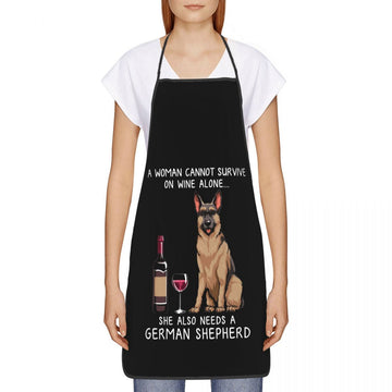 image of a woman wearing a black shiba inu mom apron in white background.