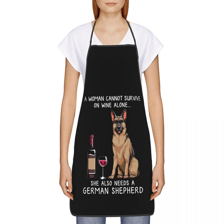 image of a woman wearing a black shiba inu mom apron in white background.