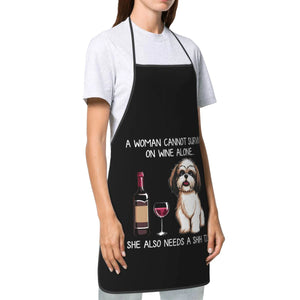 image of a woman wearing a black shih tzu dog mom apron in white background - side view