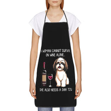 Load image into Gallery viewer, image of a woman wearing a black shih tzu dog mom apron in white background.