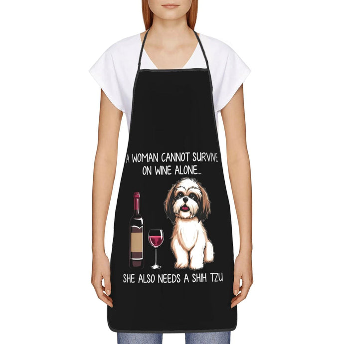 image of a woman wearing a black shih tzu dog mom apron in white background.