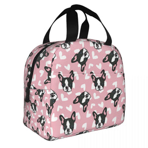 Image of an insulated Boston Terrier bag with exterior pocket in pink color